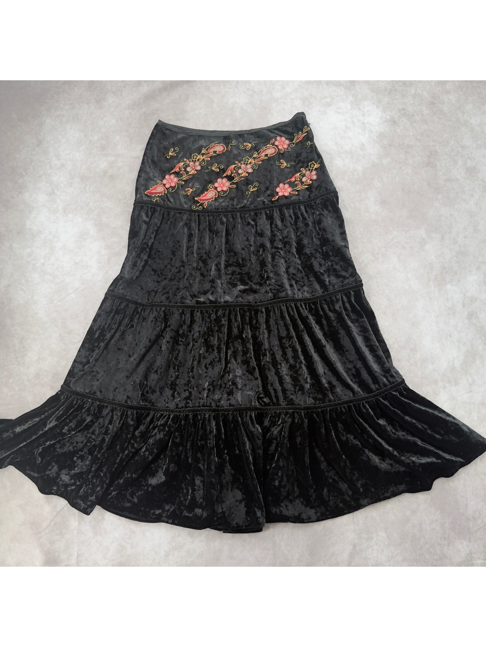 Vintage Gracia Fashion Y2K Embroidered Crushed Velvet Tiered Maxi Skirt Small